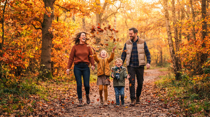 Fototapeta premium Familia disfrutando de una tarde otoñal en un parque, jugando entre hojas doradas y compartiendo momentos de diversión y conexión familiar.