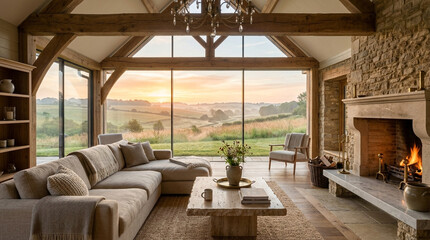 Fototapeta premium Luxury Living Room with Panoramic Rural Sunset View