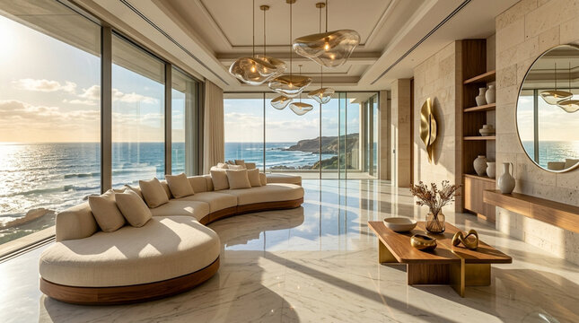 Luxury modern living room with ocean view, elegant curved sofa and contemporary decor.