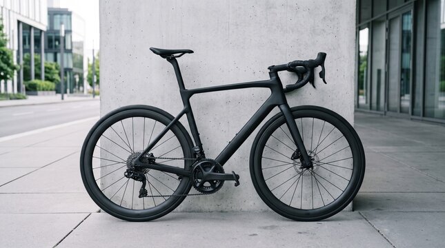 Sleek matte black road bicycle showcasing aerodynamic design against urban architectural backdrop