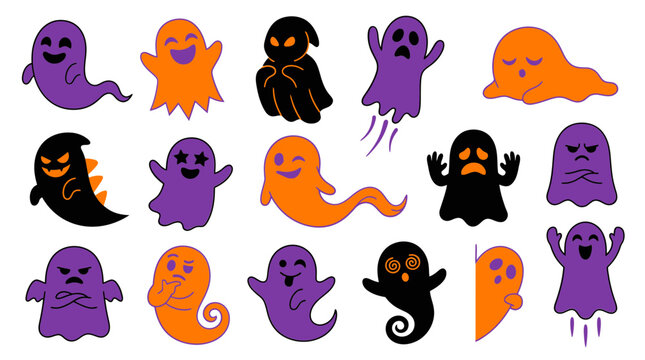 Set of cute Halloween ghosts in purple orange and black colors for holiday design elements