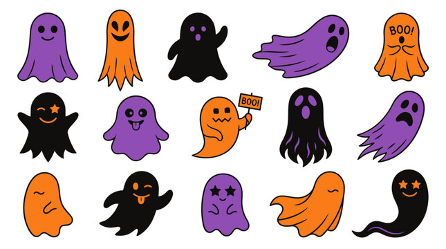 Set of cute Halloween ghosts in flat vector style for spooky holiday party design elements