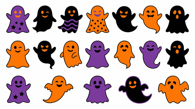 Set of cute Halloween ghost icons in orange purple and black colors for holiday design