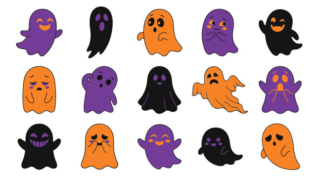 Set of cute Halloween ghost characters in purple orange and black colors for holiday design