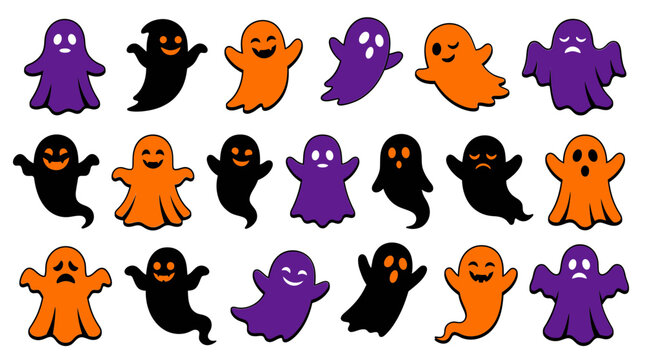 Set of cute Halloween ghost icons in orange, purple and black colors for holiday design