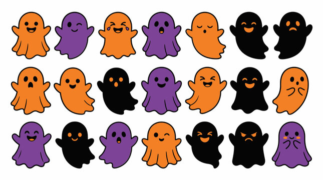 Cute Halloween Ghost Set with Various Expressions and Colors for Holiday Design Projects
