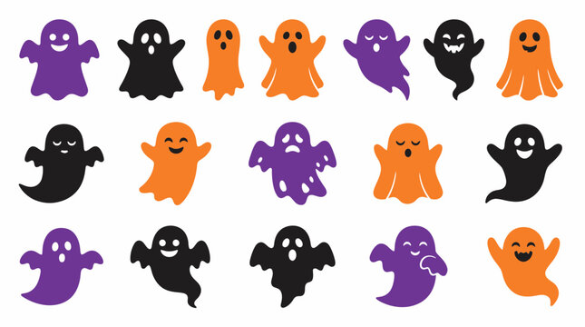 Set of cute Halloween ghost icons in orange purple and black colors for holiday design