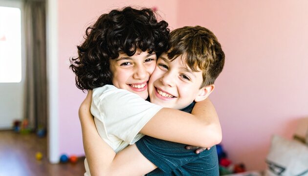 Portrait of young siblings hugging each other. 