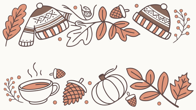 Cozy autumn collection with sweaters, hot tea, pumpkin, pinecone, acorns, berries and fall leaves in warm hand drawn style
