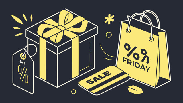 Black friday sale concept with gift box, shopping bag, discount tags and percent symbols in yellow and dark colors