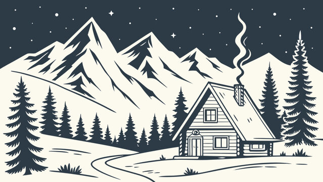 Winter mountain landscape with cozy cabin, snow covered peaks, pine forest, winding road and starry sky in monochrome hand drawn style