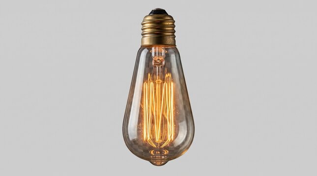 Vintage Edison light bulb with illuminated filament against a plain grey background