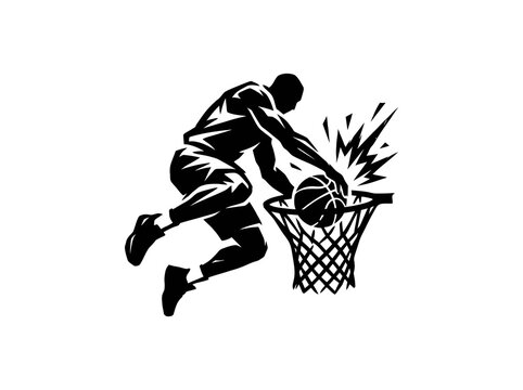 Abstract Silhouette Basketball Player Slam Dunking Vector Art with Hoop and Ball, Sports Graphic