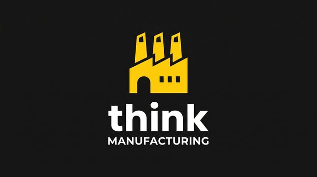 Professional Think Manufacturing logo featuring a yellow factory icon on a dark background suitable for industrial branding and corporate identity