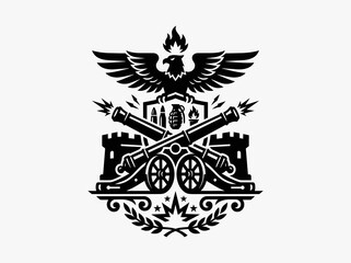 Fototapeta premium Monochrome Military Emblem Glyph with Eagle, Crossed Cannons, Fortress, and Grenade Symbol