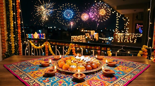 Diwali celebration with traditional sweets and lit diyas on a decorated balcony with fireworks in the night sky
