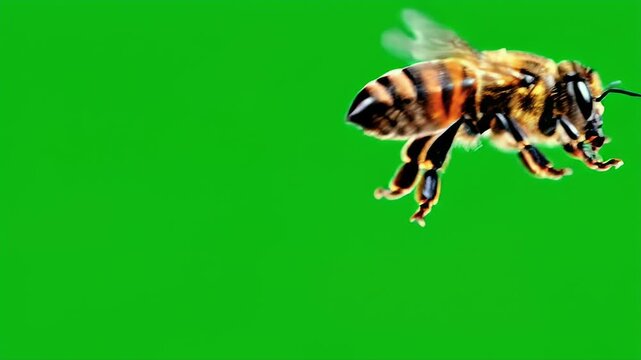 Close-up of a fuzzy bee with striped body in mid-flight against a bright green background