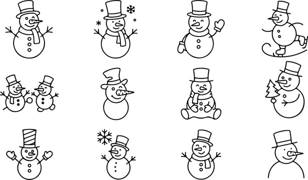 Cute snowman icons set winter holiday characters outline vector illustration
