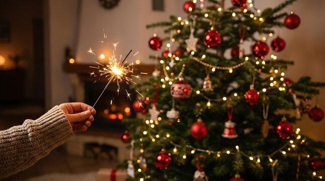 Closeup of a hand holding a glowing sparkler in front of a beautifully decorated christmas tree in a cozy living room with a fireplace