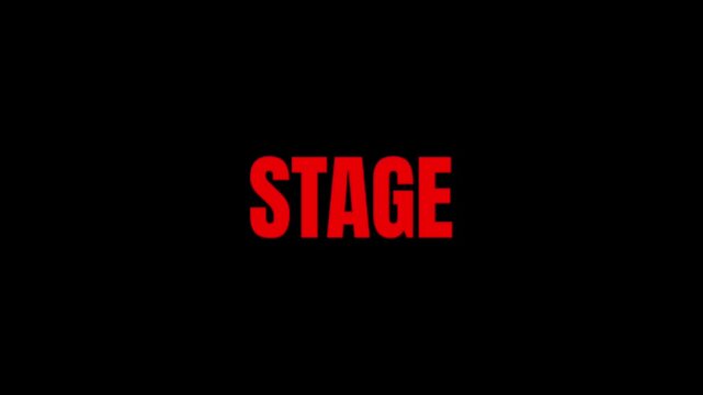 Bold red STAGE text animation displayed on a dark background, creating a strong visual introduction for performances, concerts, theater, events, and entertainment.