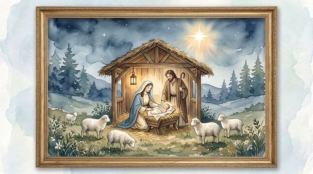 Watercolor nativity scene with baby jesus, mary, and joseph in a stable with sheep under a bright star in a night sky