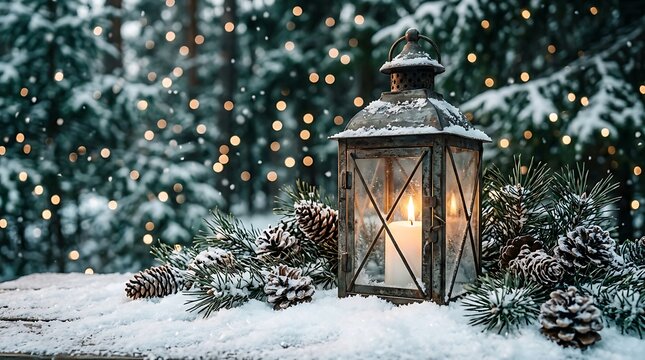 A rustic metal lantern with a glowing candle, surrounded by snowcovered pine branches and pinecones in a magical, bokehlit winter forest setting