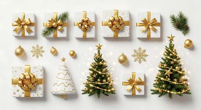 Christmas collection with gift boxes, decorated pine trees, golden ornaments, snowflakes, and fir branches isolated on white background