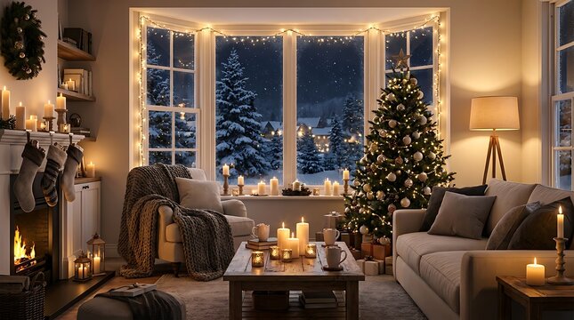 Cozy christmas living room interior with a decorated tree, fireplace, candles, and a snowy winter landscape view through the bay window at night
