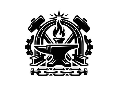 Industrial Blacksmithing  Metalworking Glyph Logo with Anvil, Hammers, Flame, Chain - BW Vector Icon.