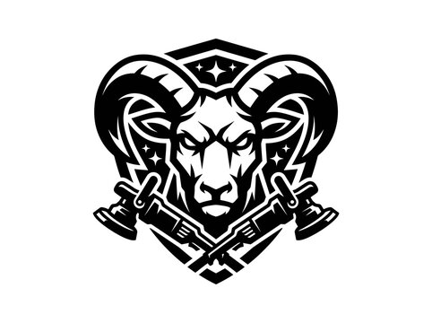 Aggressive Ram Head with Guns Black and White Vector Logo