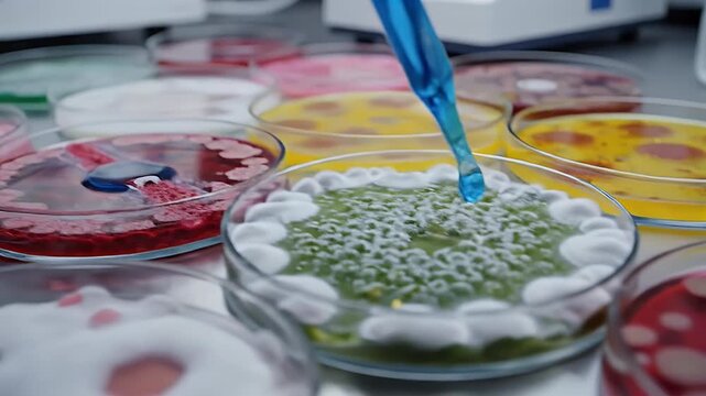 Blue liquid dropped into petri dish with colorful microbial cultures