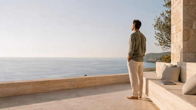 Man Pausing by the Ocean After Too Much Screen Time
