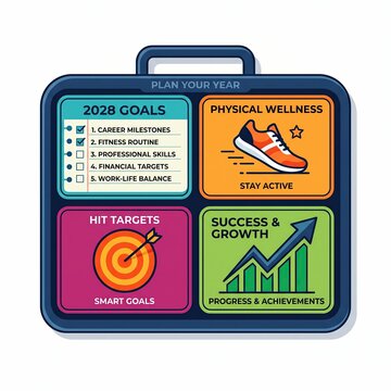 Plan Your Year Briefcase Grid with 2028 Goals Checklist Running Shoe Target and Growth Chart