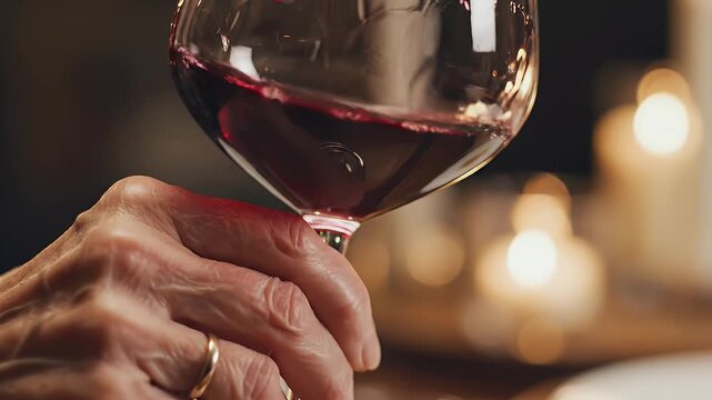 Elegant swirling of rich red wine in a glass, a hand with ring holds it