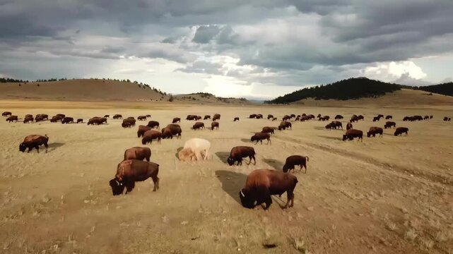 Dramatic 4K aerial video of a large buffalo herd roaming across open grassland, including a striking white buffalo among the darker animals. Sweeping plains, distant hills, and threatening storm cloud