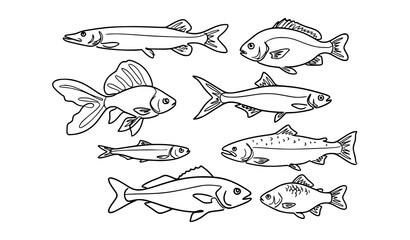 Obraz premium Minimal Freehand Fish Doodle Set Continuous Line Vector Illustration