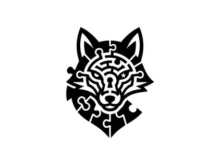 Obraz premium Black White Logo of a Fox Face with Maze and Puzzle Pieces