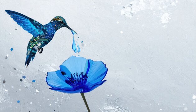 Hummingbird Hovering Over Blue Flower in Flight.