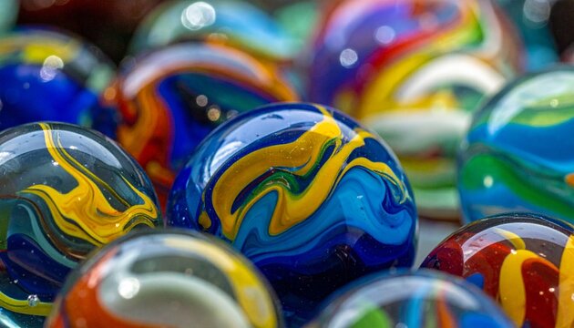 Close-up of colorful glass marbles with swirls of blue, yellow, green, and red, symbolizing playfulness, nostalgia, and vibrant design.