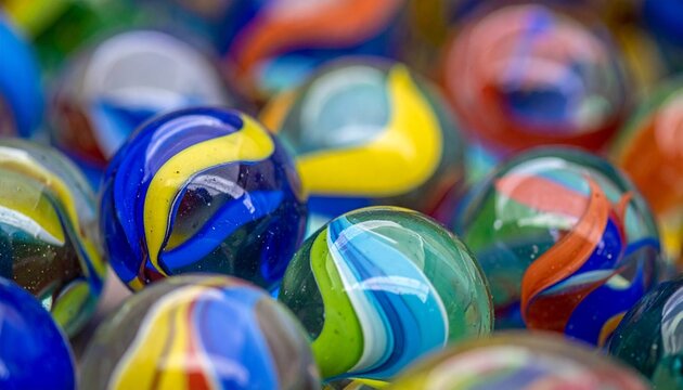 Close-up of colorful glass marbles with swirls of blue, yellow, green, and red, symbolizing playfulness, nostalgia, and vibrant design.