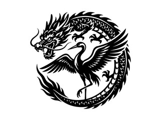 Obraz premium Black White Stylized Asian Dragon and Crane Symbol Vector Graphic for Culture, Mythology, and Tradition
