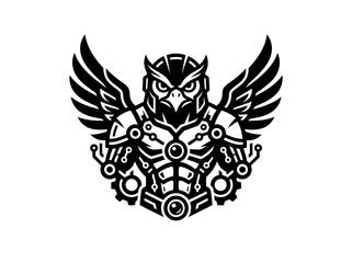 Fototapeta premium Black White Steampunk Owl Warrior Robot Emblem Logo Design