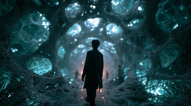 Man Standing Inside Futuristic AI Neural Network Tunnel