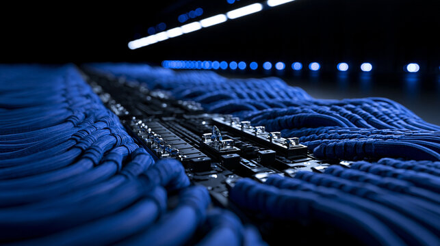 Blue Network Cables Connected to Server in Data Center