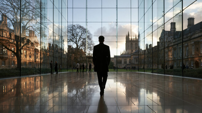 Businessman Walking Towards Glass Wall Facing Historic Architecture