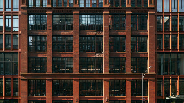 Modern Red Brick Office Building Facade with Symmetrical Windows