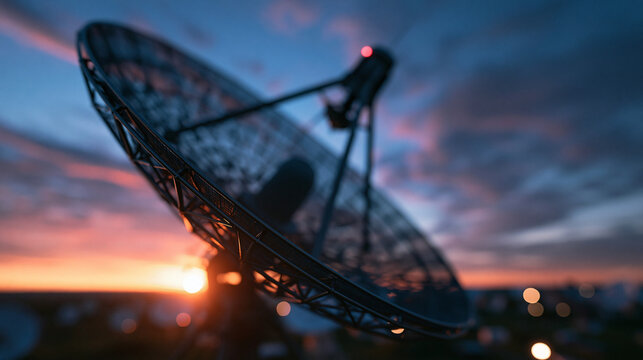 Satellite Dish Antenna Against Sunset Sky at Dusk