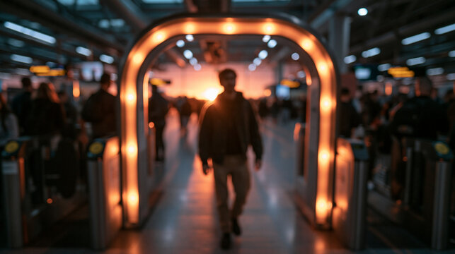 Blurred Traveler Walking Through Security Gate at Airport Terminal