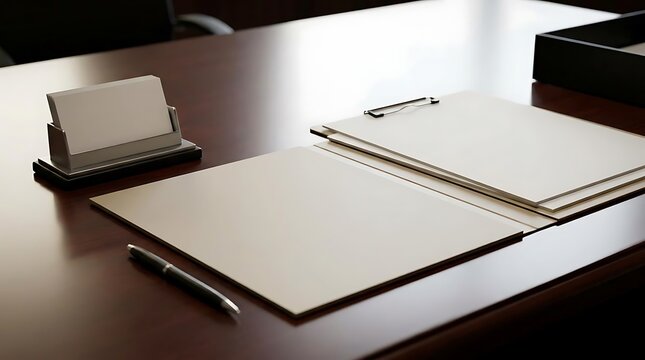 A professional desk of a real estate agente featuring a clean leather binder and business card holder for corporate branding and client meeting preparation