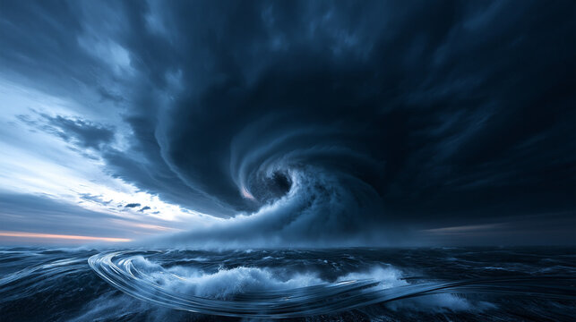 Massive Hurricane Storm Swirling Over Dramatic Ocean Waves